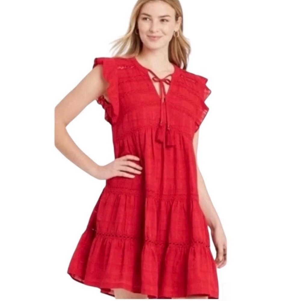 Knox Rose Red Boho Cap Sleeve‎ Tiered Dress Size Large Tassel Ruffle Worn Once